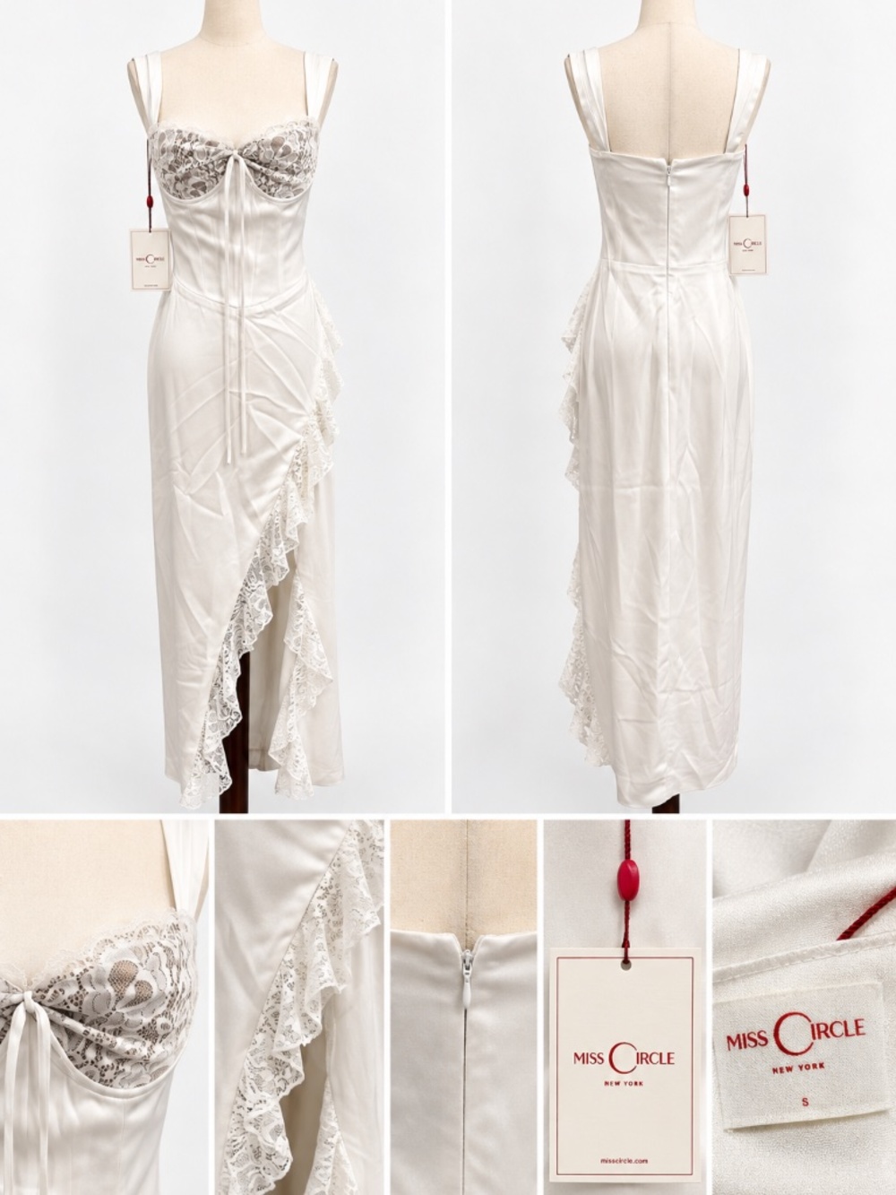NWT Miss Circle Freddie White Lace Satin Maxi Corset Dress S